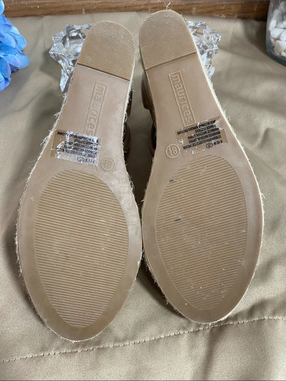 Maurices Cream Woven Espadrille Wedge Sandals with Tan Ankle Strap